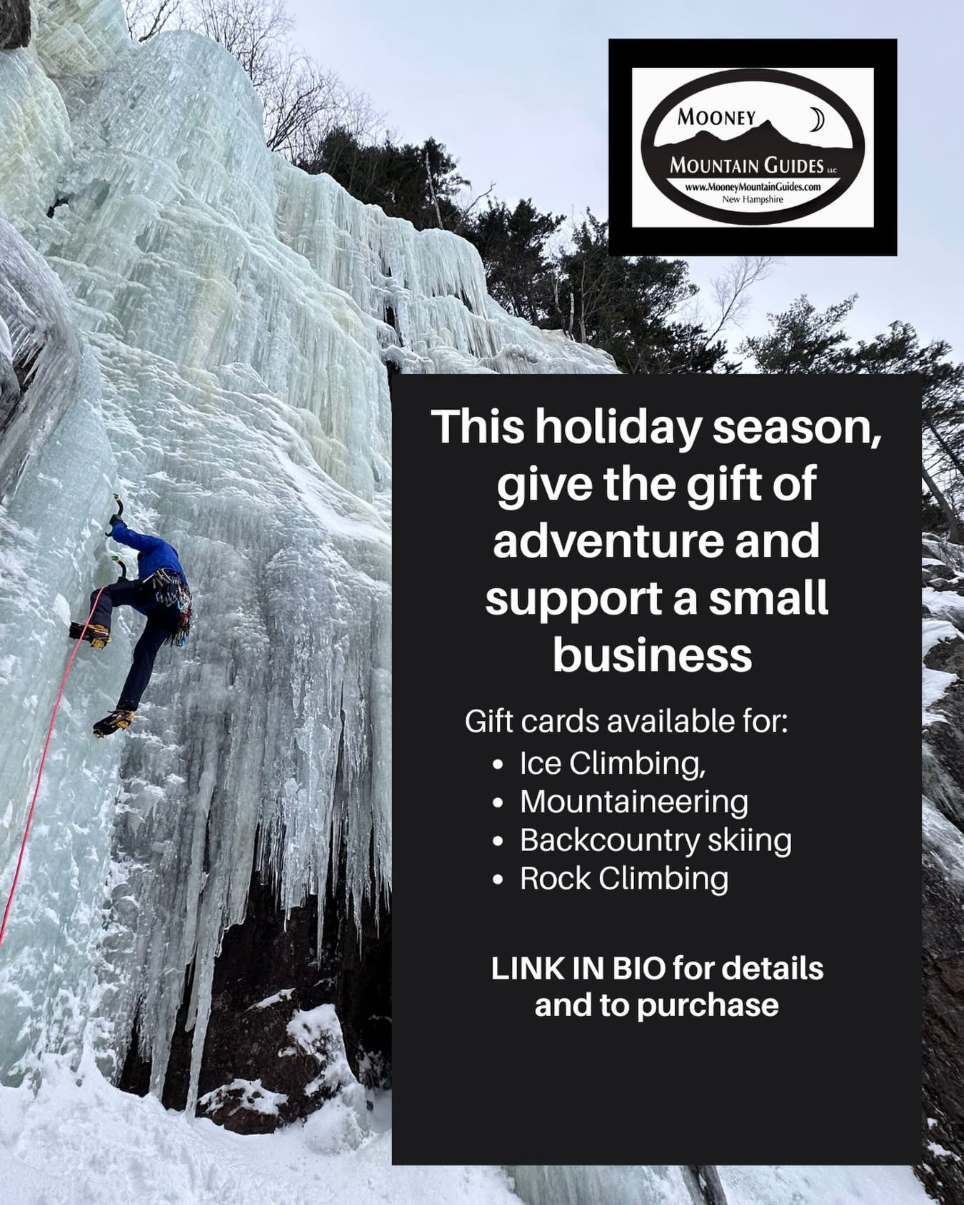 Thinking about what to get the climber in your life? 

Want to support small a small business? 

Hoping for some adventure in 2026?

#iceclimbing #whitemountains #smallbuisness #climbing #seekqualifiedinstruction #winter #ice